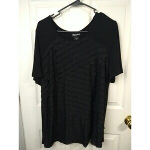 Maggie Barnes Woman 14/16 Blouse Black Front Sheer Tiered Ruffle S/S Pullover